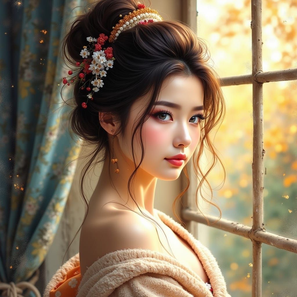 Beautiful Geisha Portrait in Watercolor Impasto Style