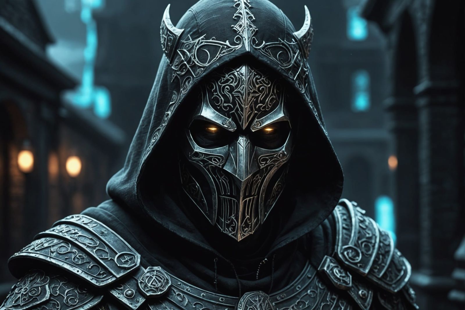 Dark Fantasy Knight with Neon Runic Mask