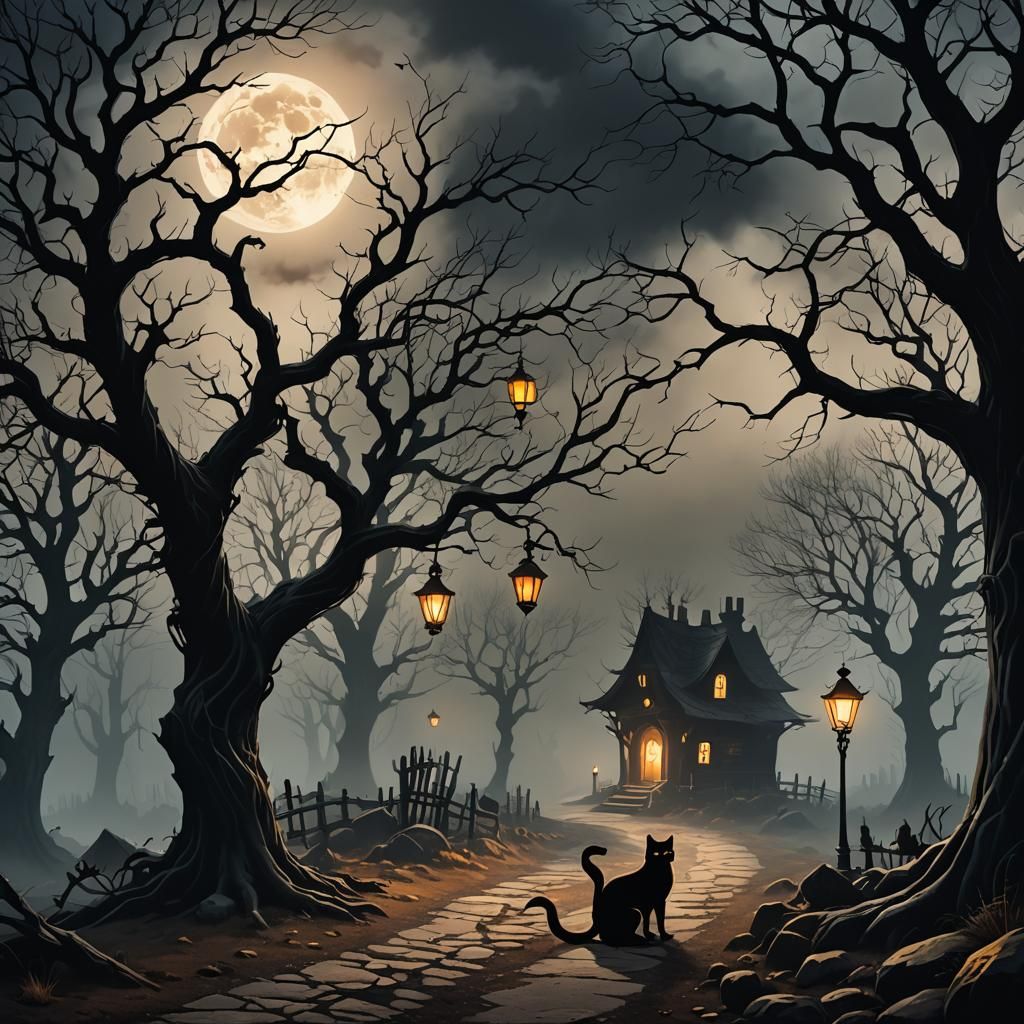 Eerie Forest with Glowing Cat: a Dark Romantic Illustration
