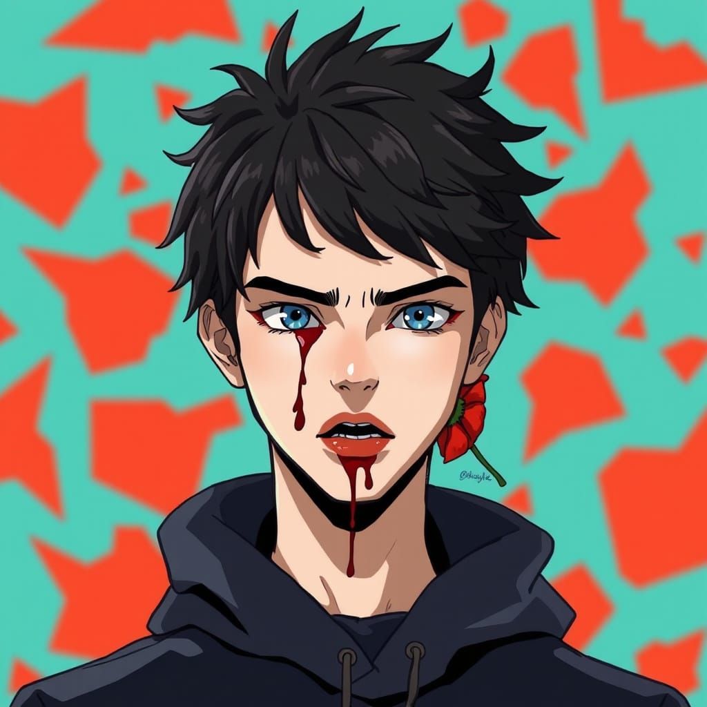 Dramatic Portrait with Blood Trails in Graphic Novel Style