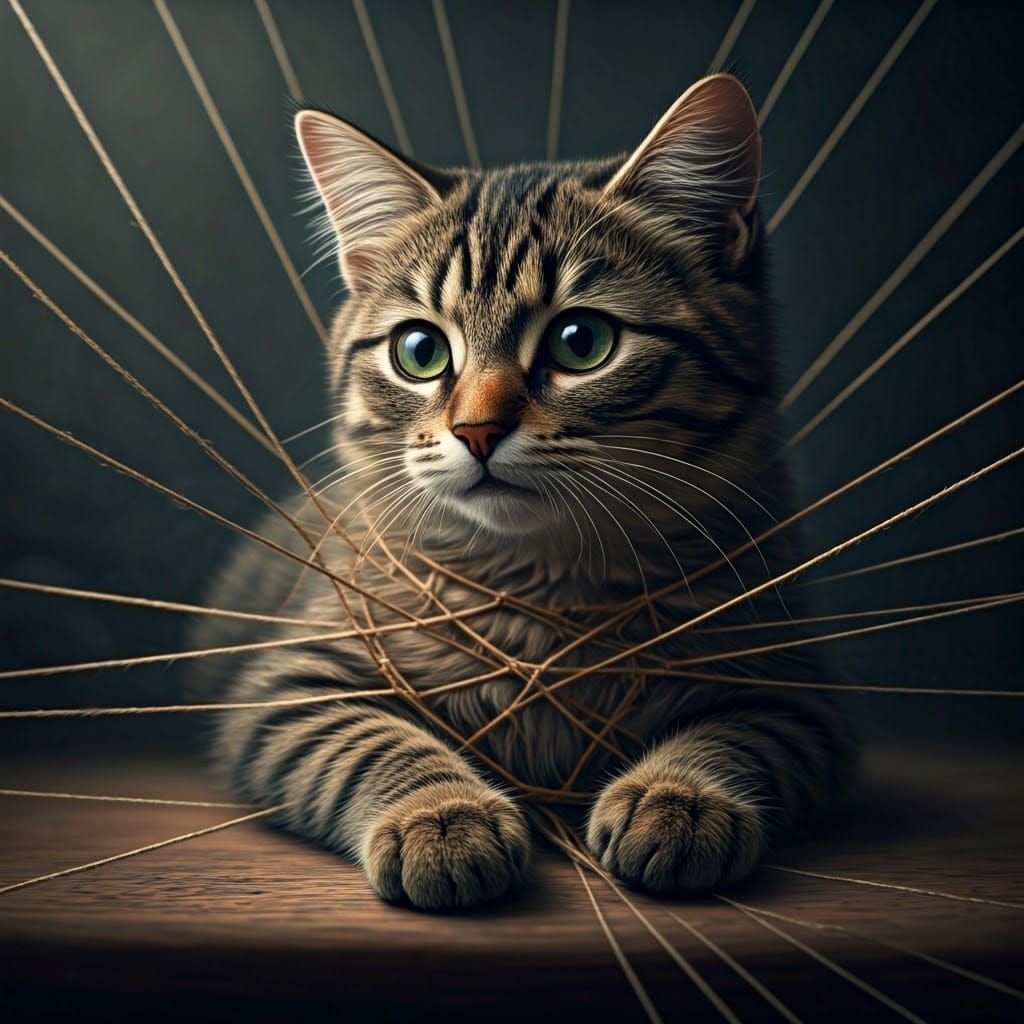 Cat Entangled in String: Hyperrealistic Scene