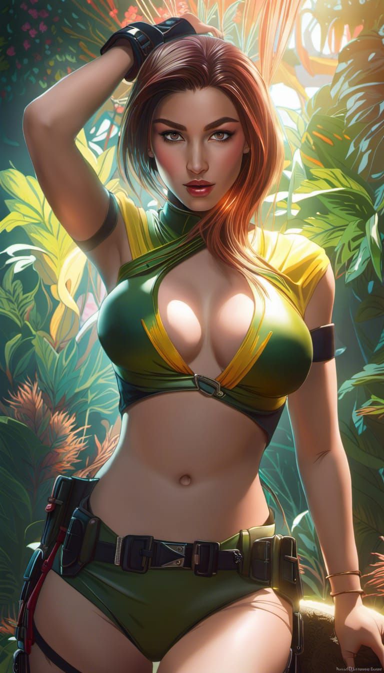 dschungel girl, neo-futuristic woman, long hair, beautiful face,, full body view, wide angle shot, art julia razumova, b...