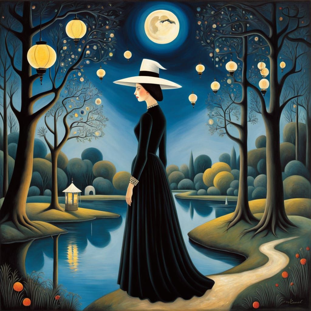 Dreamlike Woman in a Moonlit Landscape, in the Style of Naiv...