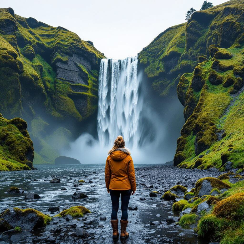 Woman Before Nordic Waterfall in Digital Art Style