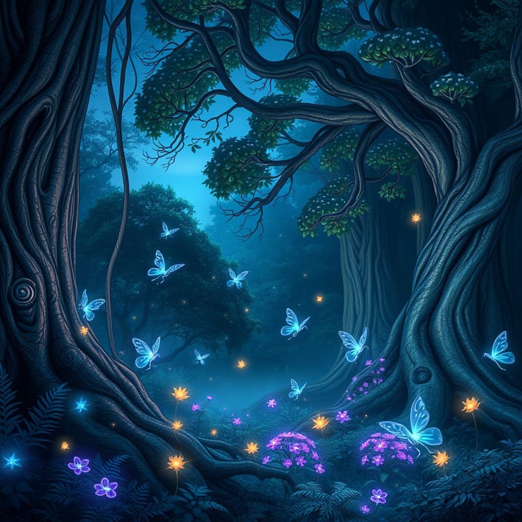 Ethereal Forest at Twilight with Glowing Spirits and Delicat...