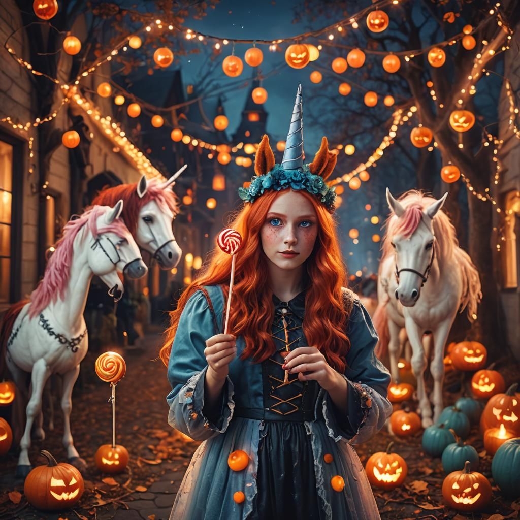 Girl and Unicorn in Halloween Twilight: Digital Art