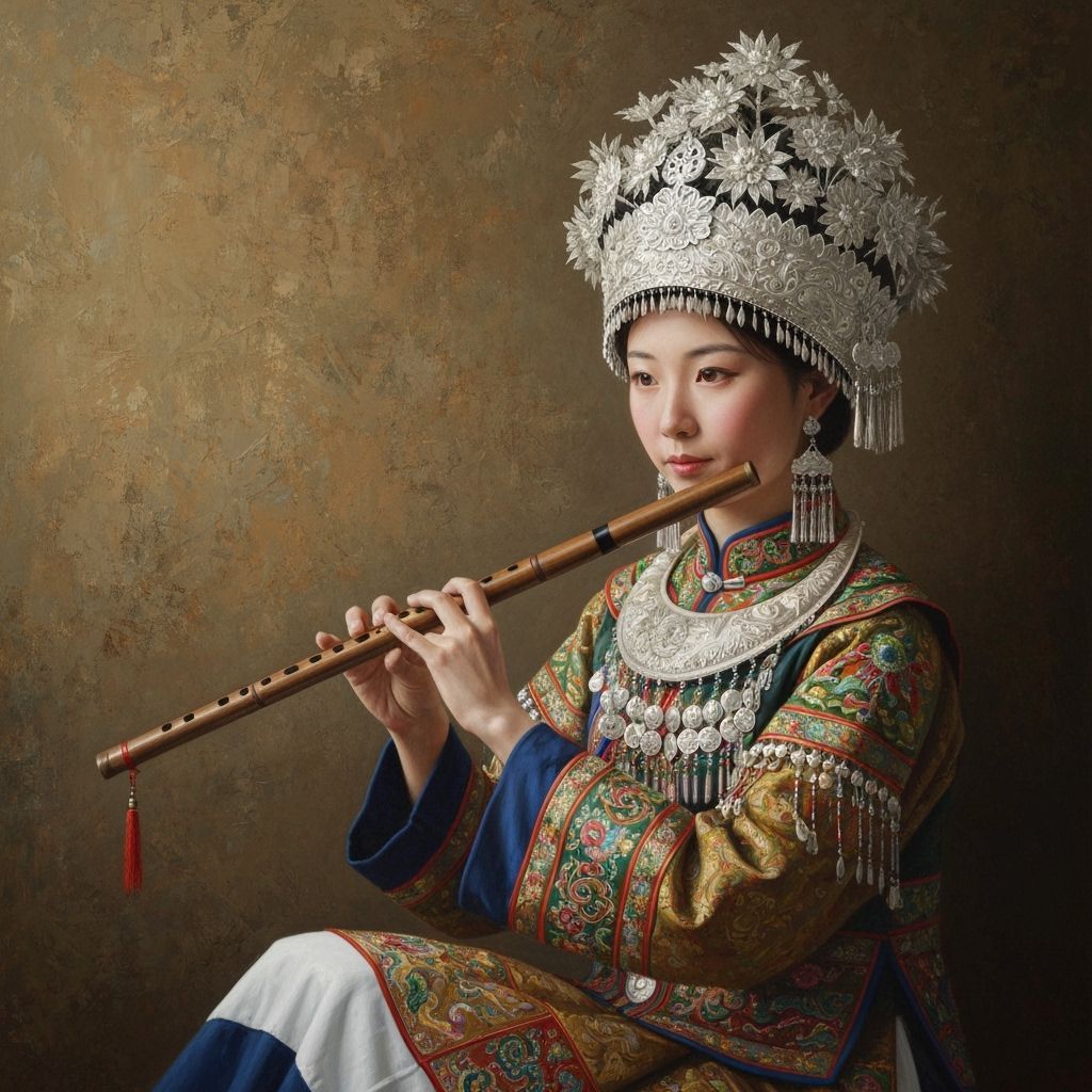 Chinese Musician in Traditional Attire, Oil Painting