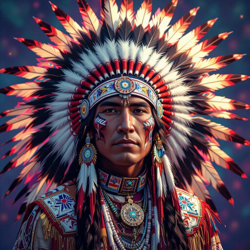 Native American Powwow Leader in Ornate Headdress