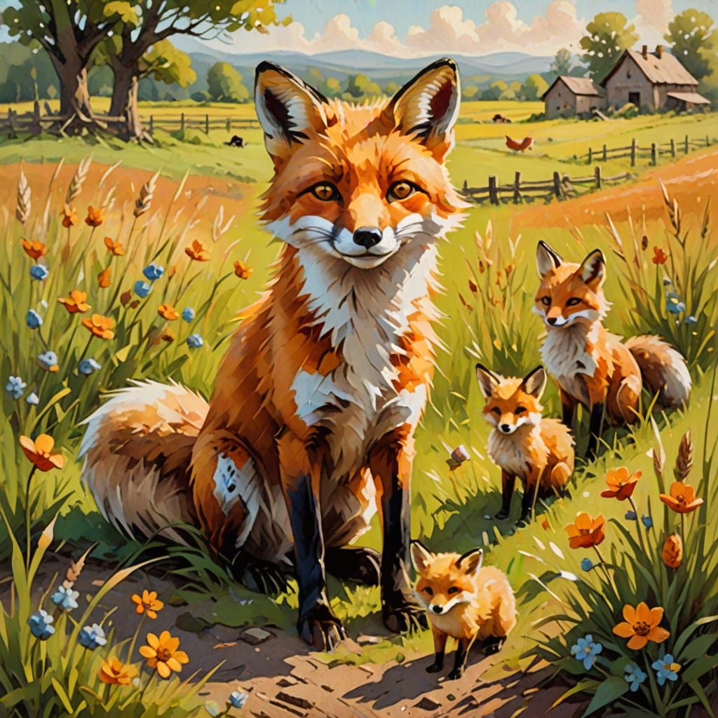 Fox and Chicks in Sunny Field: Impressionistic Oil Painting