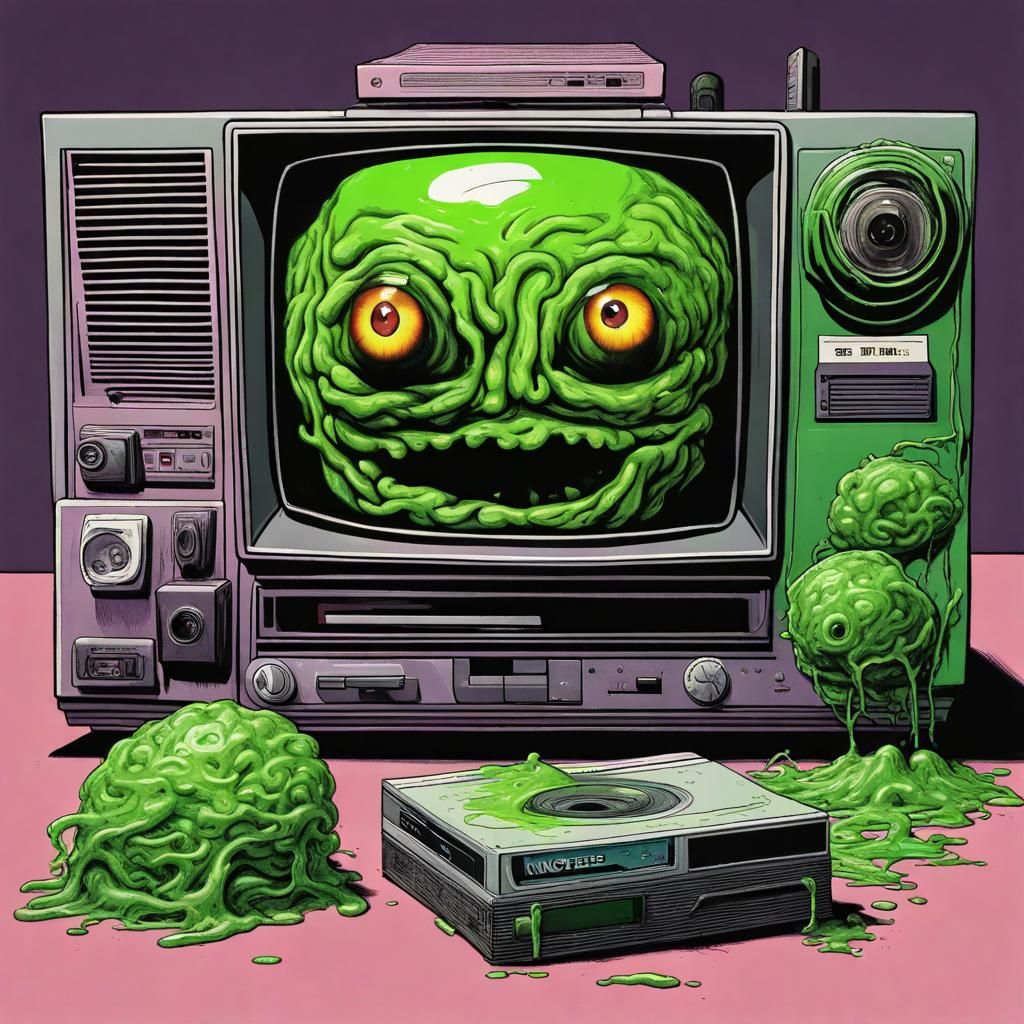 Monster Brain Eyeball with TV in 80s Comic Style