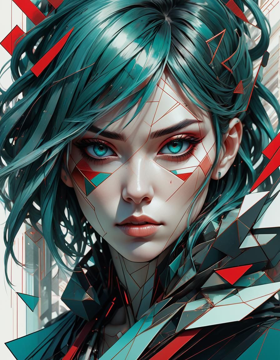 Fierce Anime Portrait with Geometric Abstract Motif
