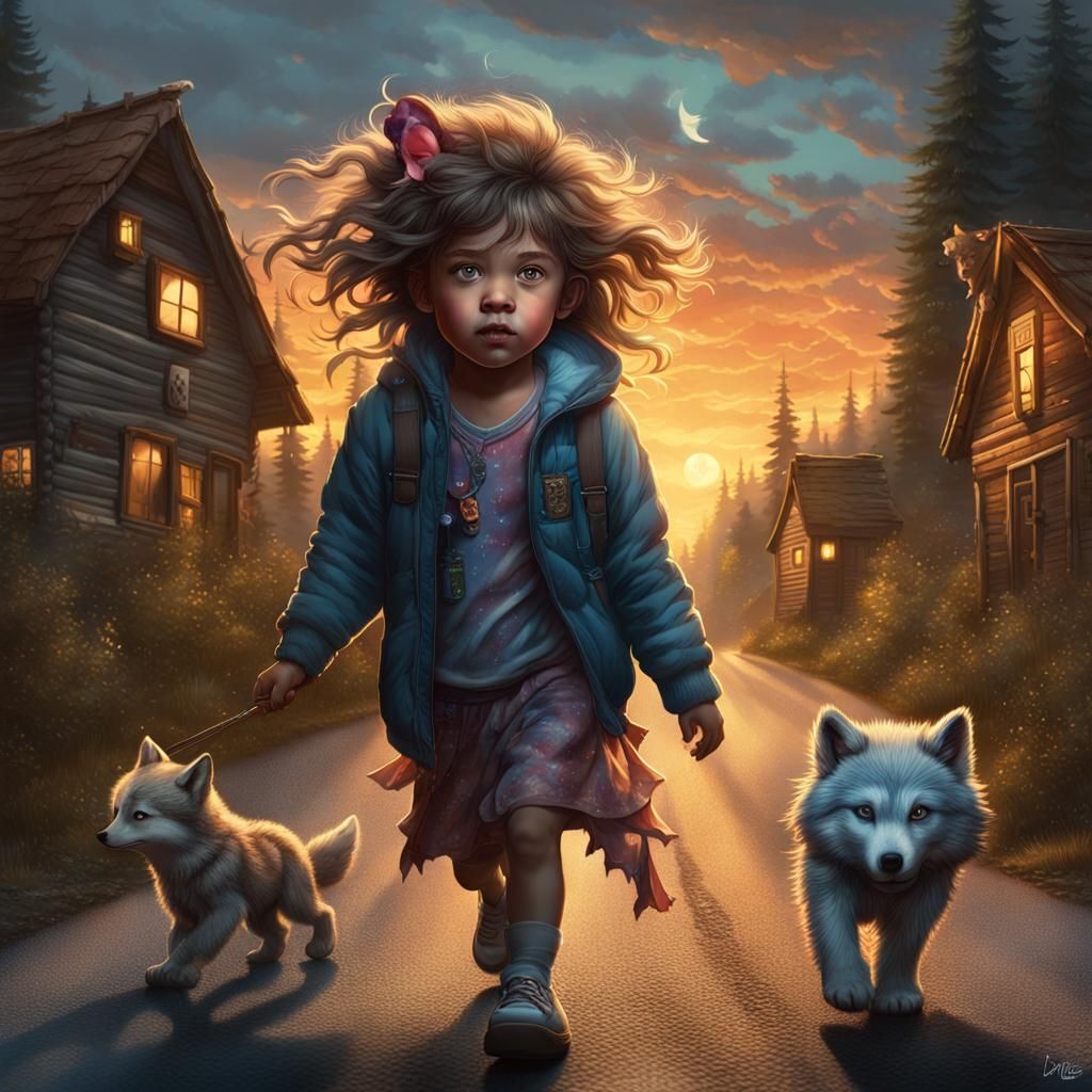 Eerie Child and Stuffed Animals at Sunset