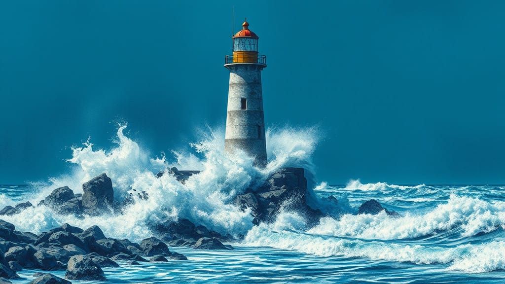 Weathered Lighthouse Stands Against Turbulent Waves in Moody...