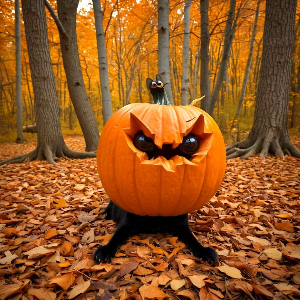 Whimsical Autumn Pumpkin and Black Cat in Surreal Watercolor...