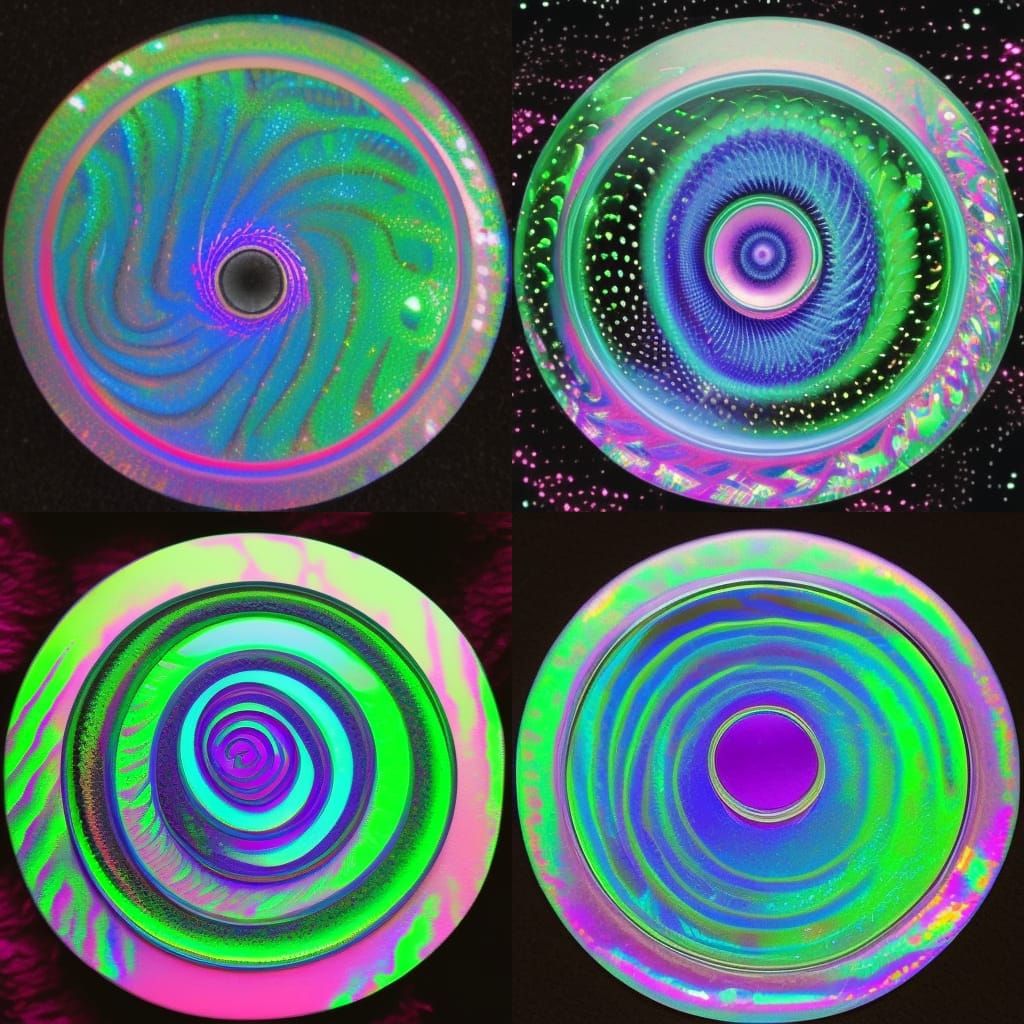 Emerald green holographic spiral with cobalt blue holographic accents& purple holographic accents& magenta pink holograp...