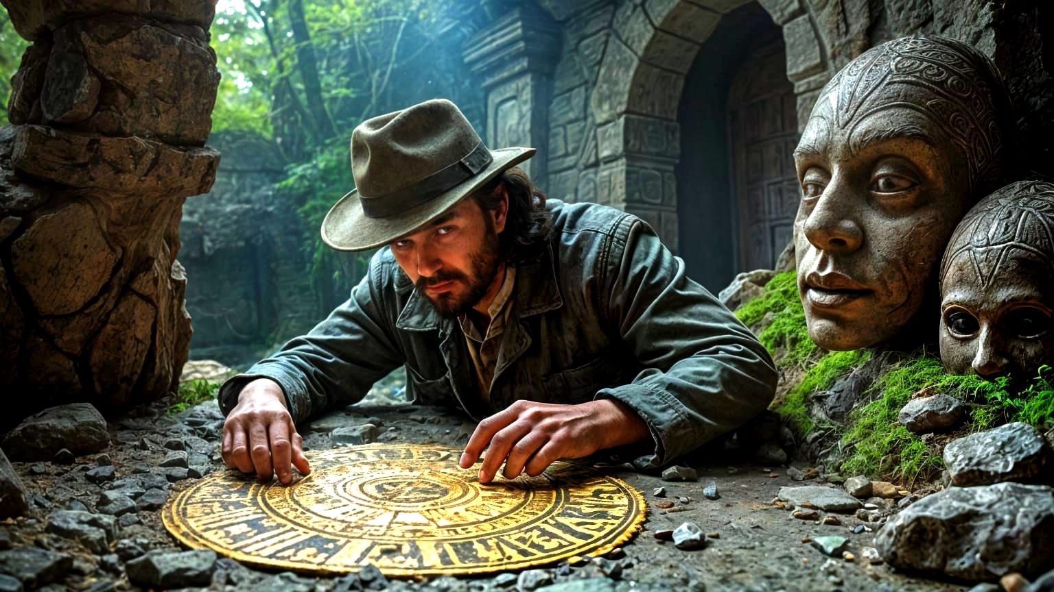 Eerie VHS Ruin with Flickering Lights and Petroglyphs