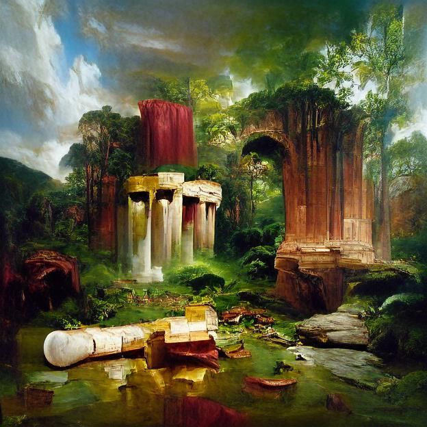 Ancient Greek Ruins in Forest, Detailed Painting