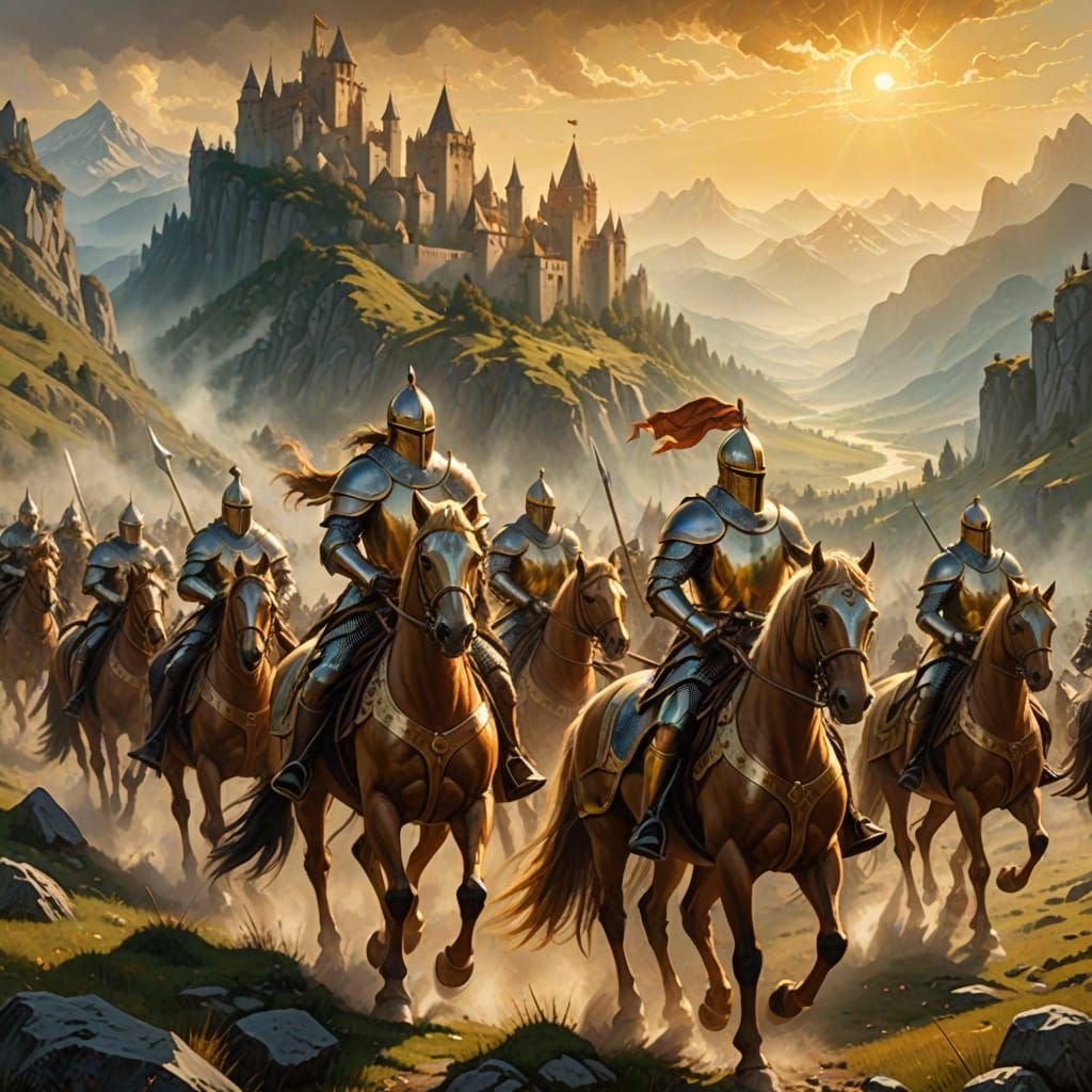 Knights Ride into Battle: Medieval Fantasy Oil Painting