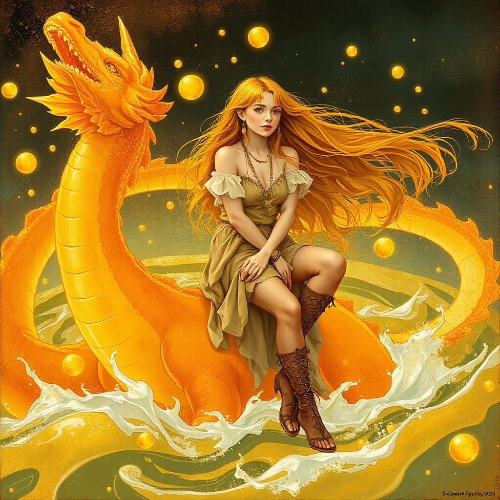 Woman on Gummy Dragon in Effervescent Soda Sea