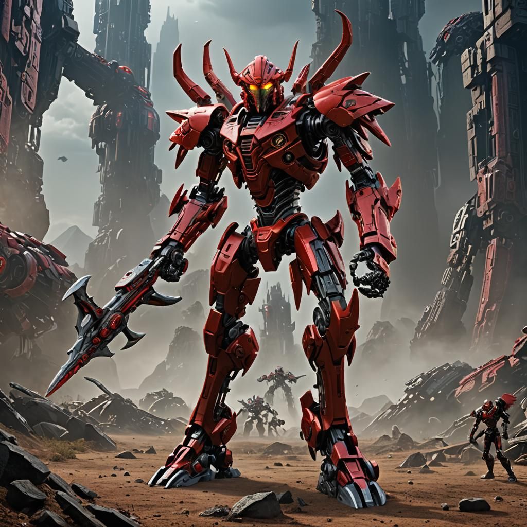 Giant Red Bionicle with Staff in Sci-Fi Setting
