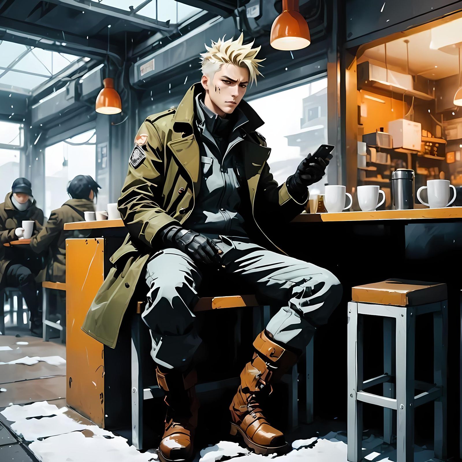 Dystopian Cyberpunk Character in Futuristic Cafe