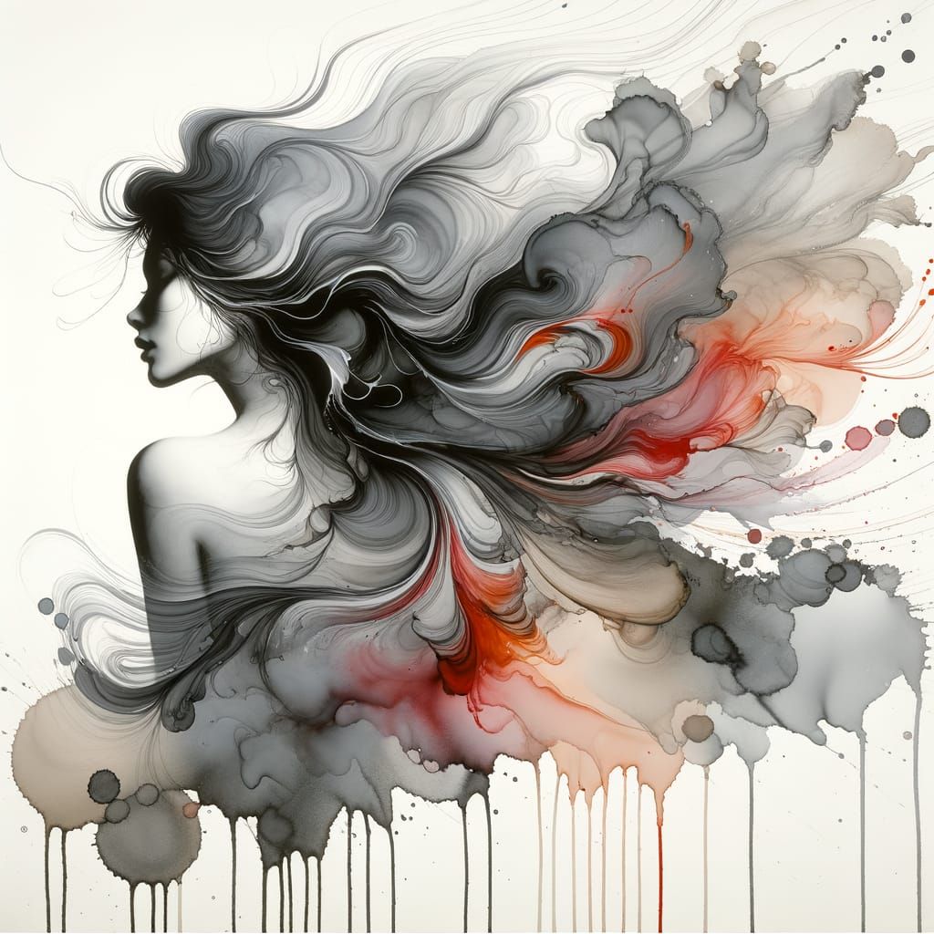 Mystical Woman with Flowing Hair: A Minimalist Liquid Art Po...