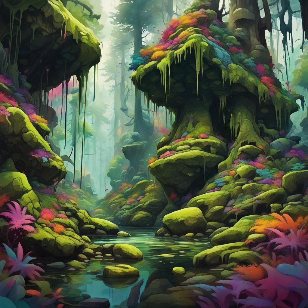 Lush Rainforest Graffiti Art: Ancient Temperate Scene