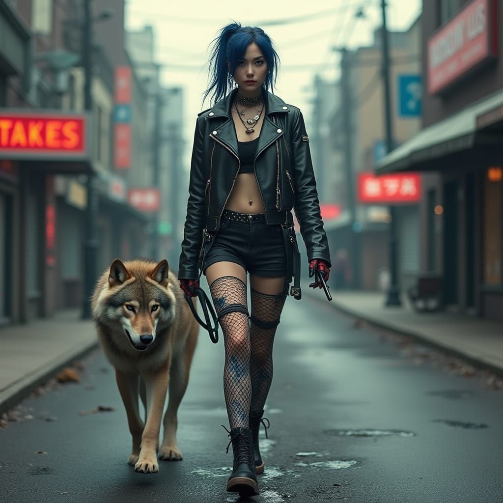 Punk Rock Lady and Wolf in Dystopian Street