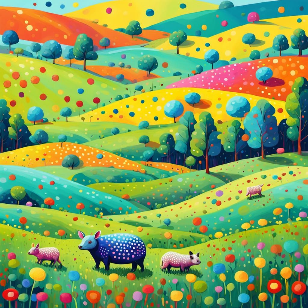Vibrant Pop Art Landscape with Polka Dots