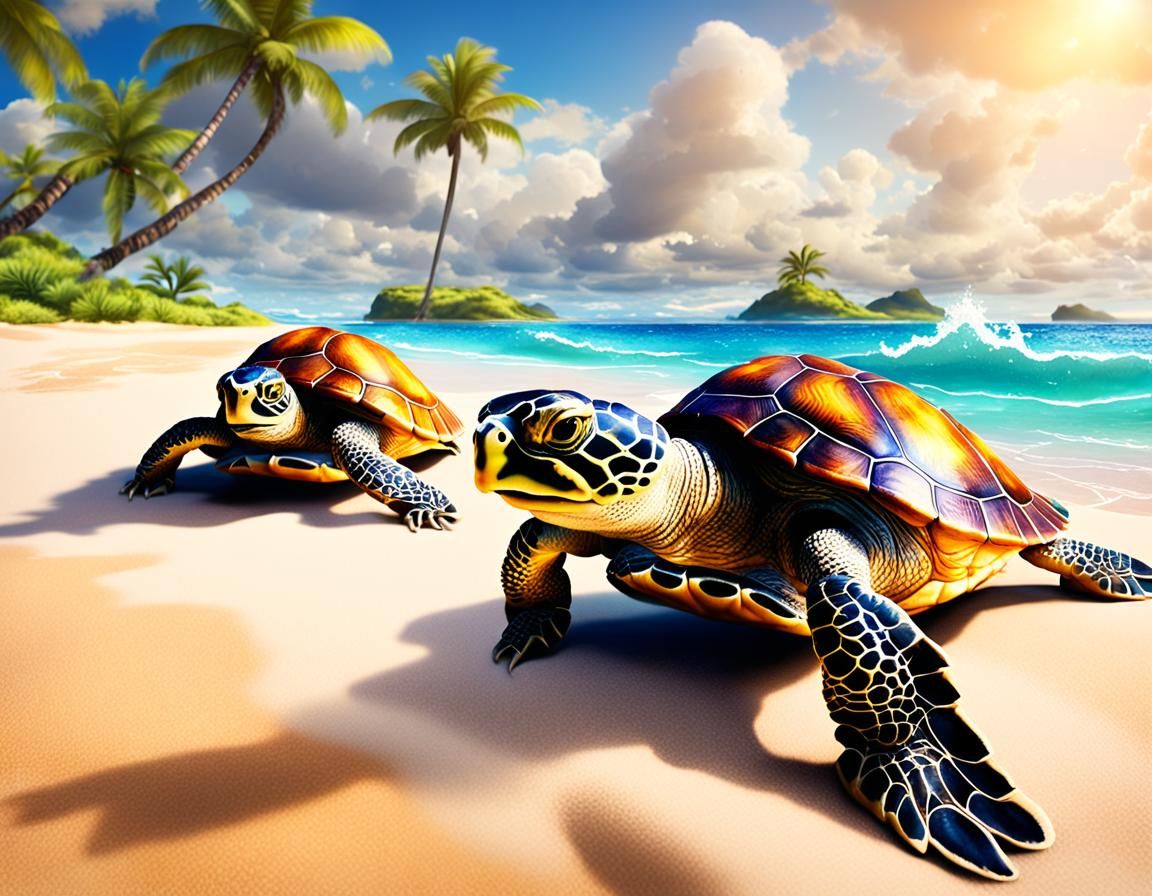 Watercolor Turtles Sunbathing on Hawaiian Beach