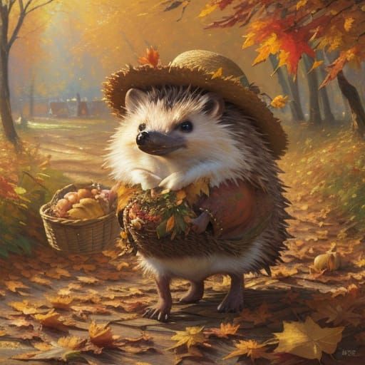 Hedgehog's Autumn Harvest Oil Painting with Impasto Texture