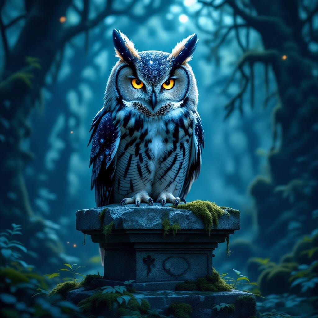 Ancient Galactic Owl on Stone Altar