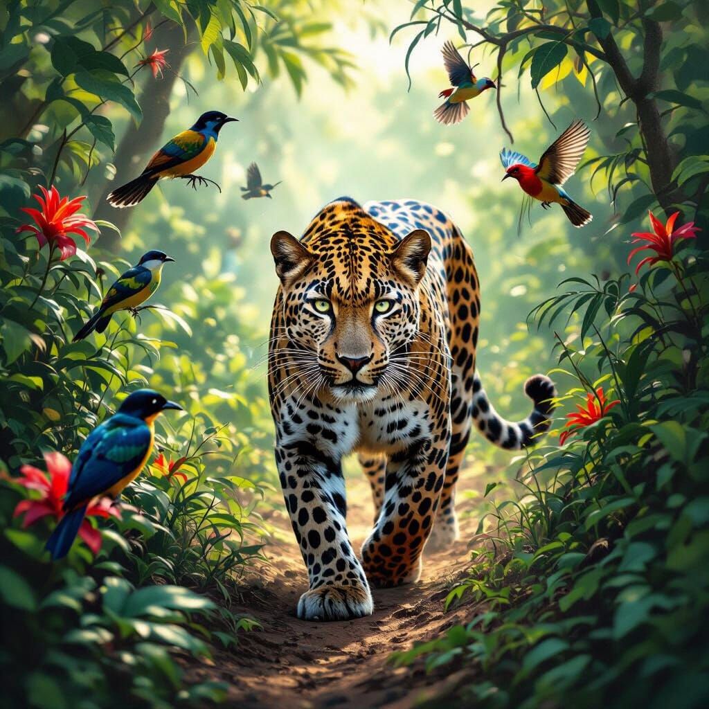 Leopard Striding Through Jungle in Hyperrealistic Style