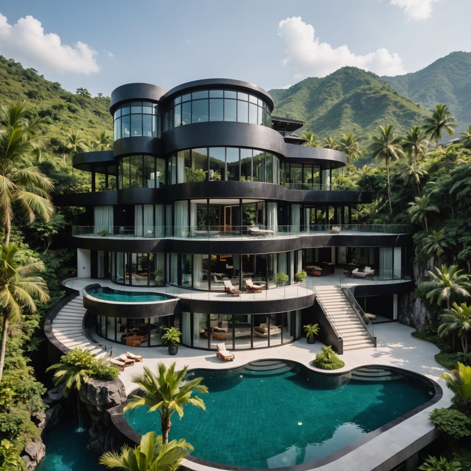 Asymmetrical Mansion with Black Marble Design and Lush Garde...