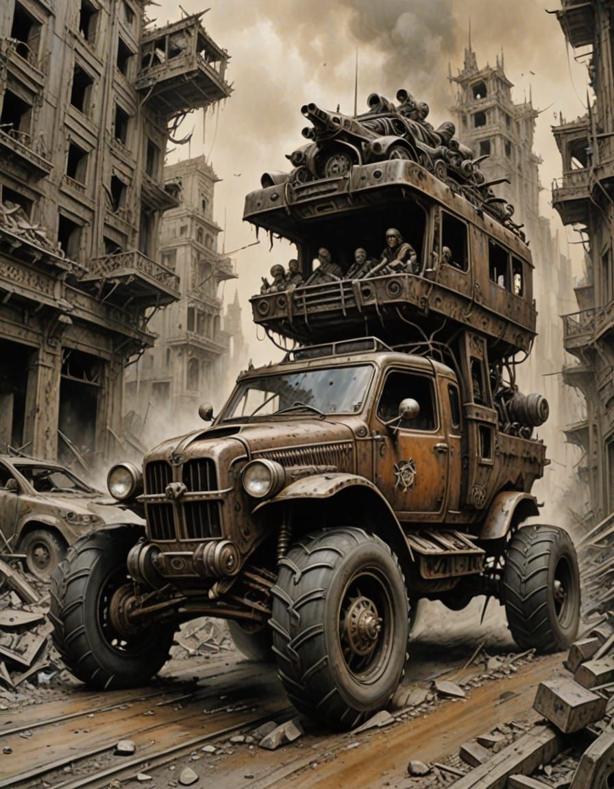 Post-Apocalyptic War Chariot in Charcoal Drawing Style