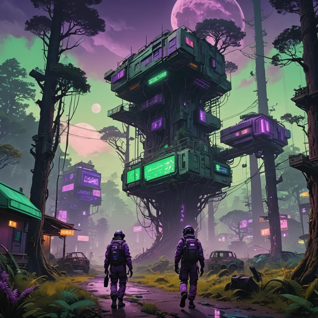 Cyberpunk Forest with Treehouses and Hazmat Suit