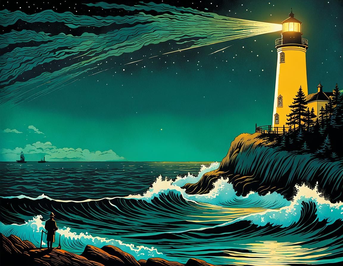 Mysterious Lighthouse Scene in Elegant Line Cut Style