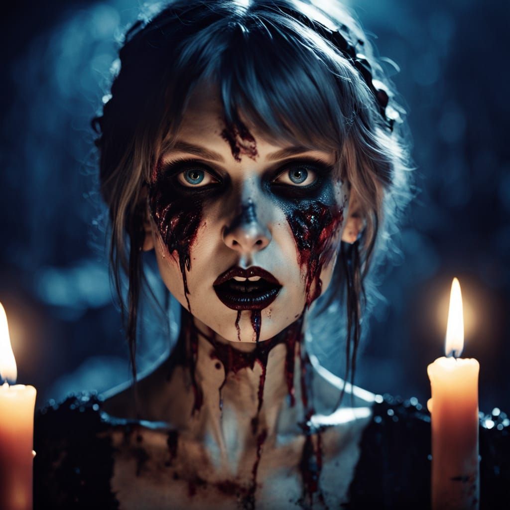Taylor Swift as a Gothic Zombie in a Haunting Concert Hall