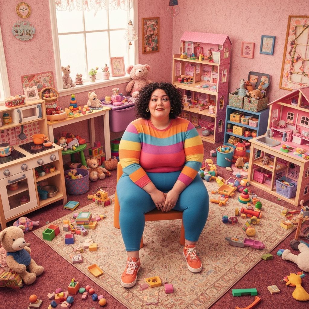 Whimsical Playroom Scene with Woman on Child's Chair