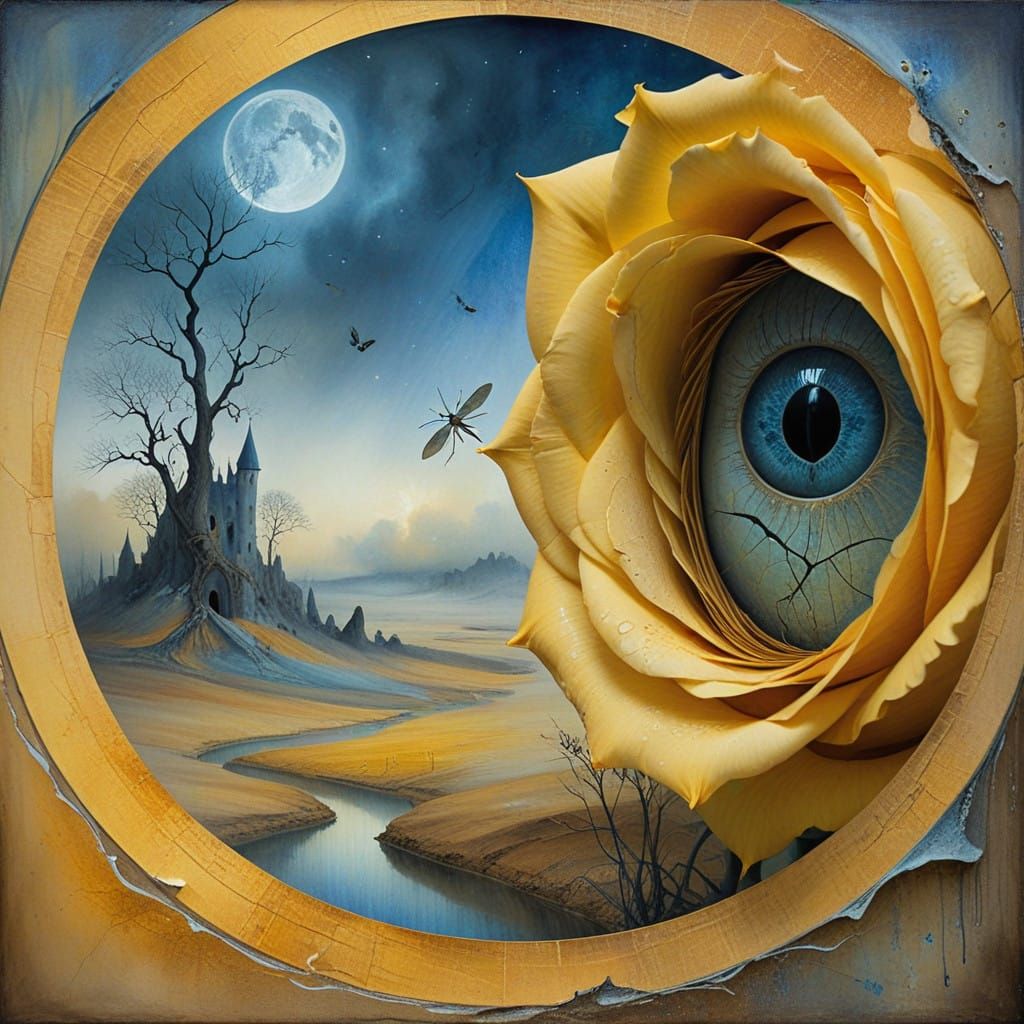 Dreamlike Surrealist Landscape within a Giant Yellow Rose