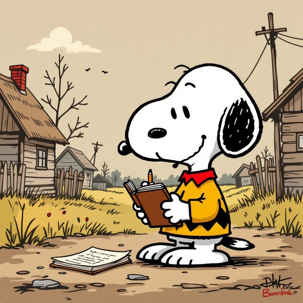 Snoopy as War Correspondent in Sepia Tone