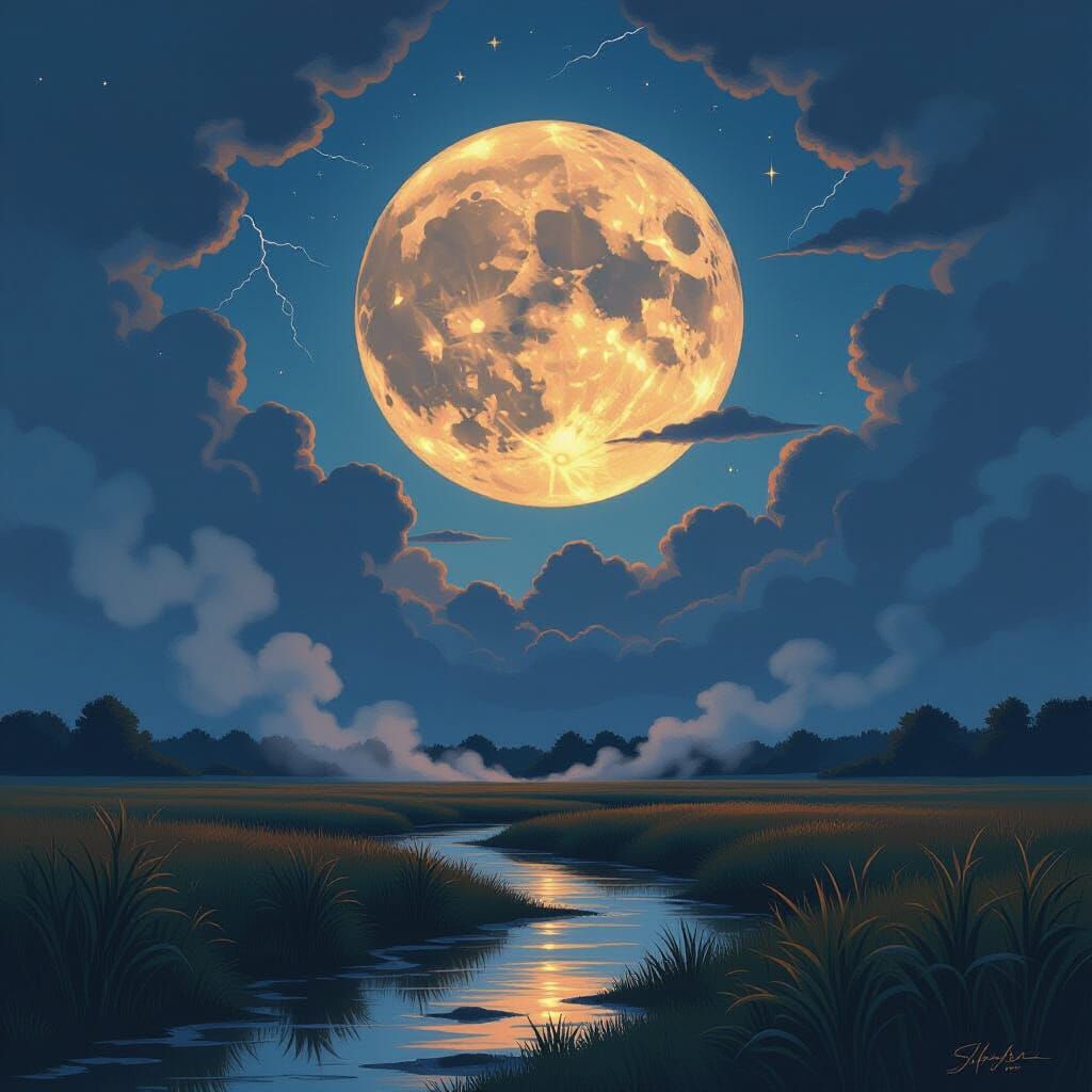 Dramatic Harvest Moon Landscape with Lightning