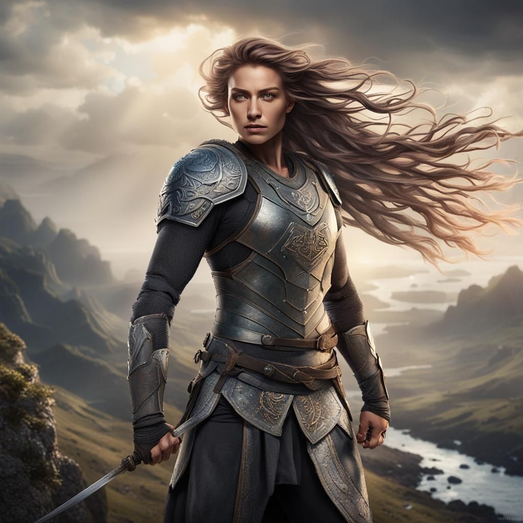 Strong Woman Radiating Bravery in Dramatic Landscape