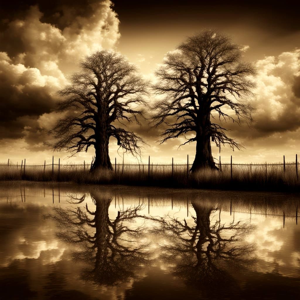 Sepia Cedar Trees Reflection in a Field