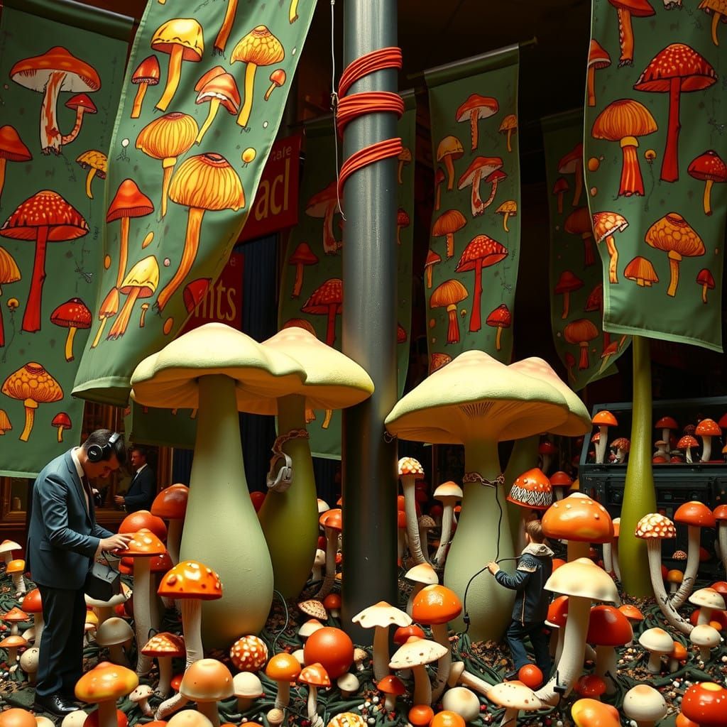 Whimsical Fungi Figures Amidst Bureaucratic Chaos in Ceramic...