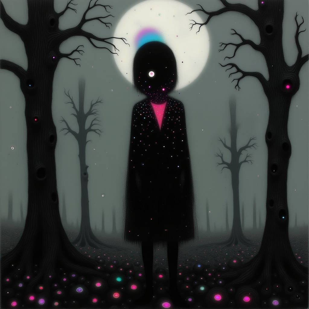 Ethereal Figure in a Twisted, Moonlit Landscape