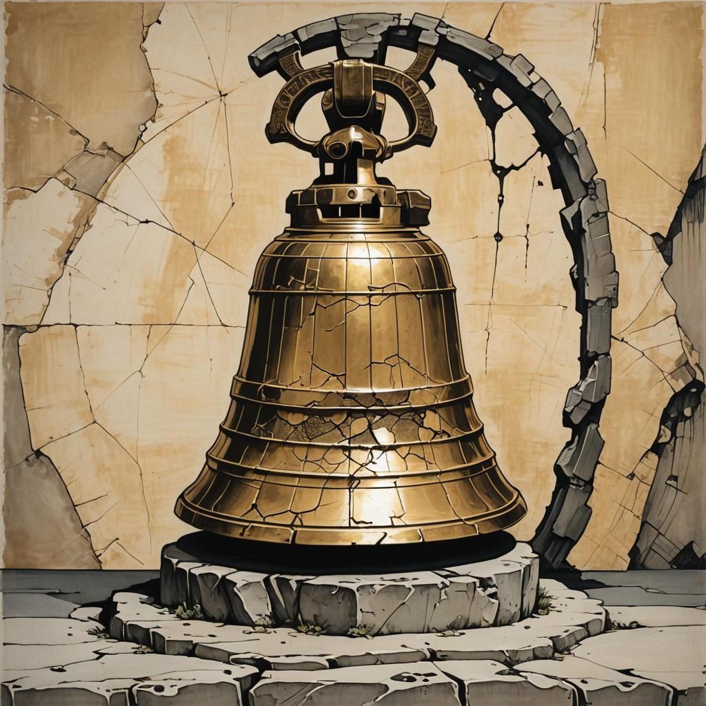 Cracked Bronze Bell on Stone Platform in Art Deco Style