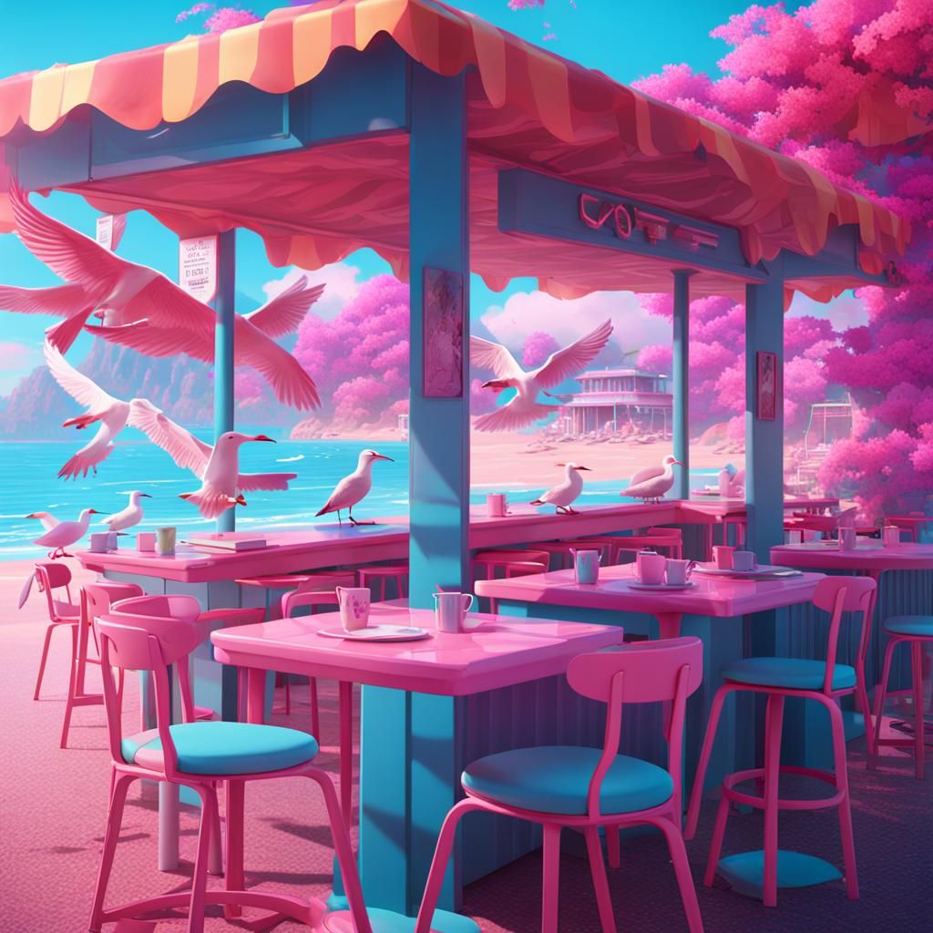 Vaporwave Beach Cafe with Seagulls, Detailed Digital Paintin...