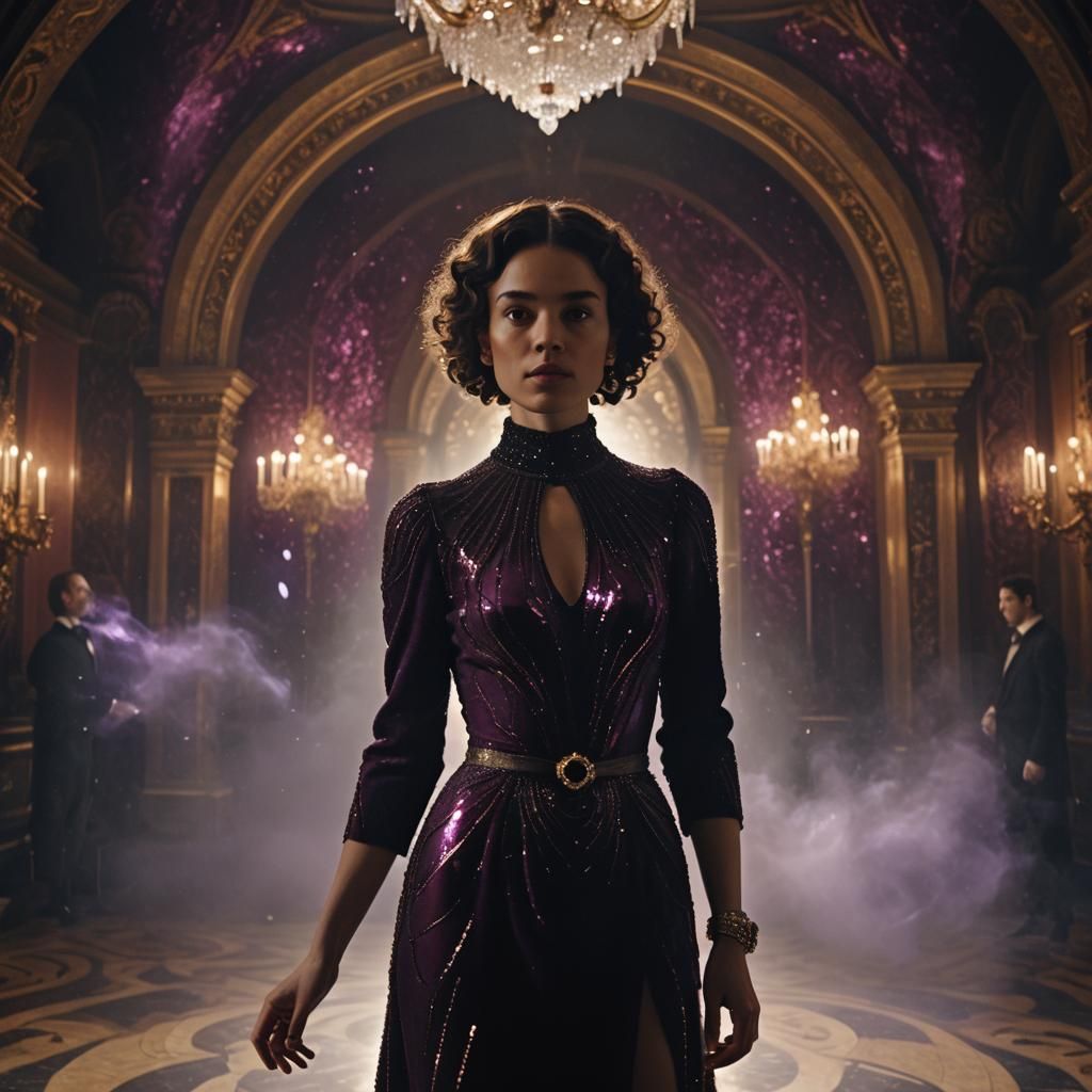 Woman in Crystal Dress in Ballroom, Rembrandt Lighting