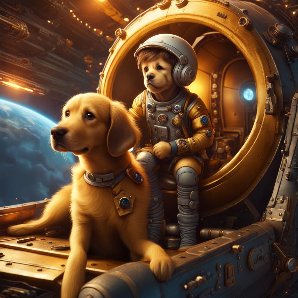 Boy and Dog in Rocket: Detailed Fantasy Art